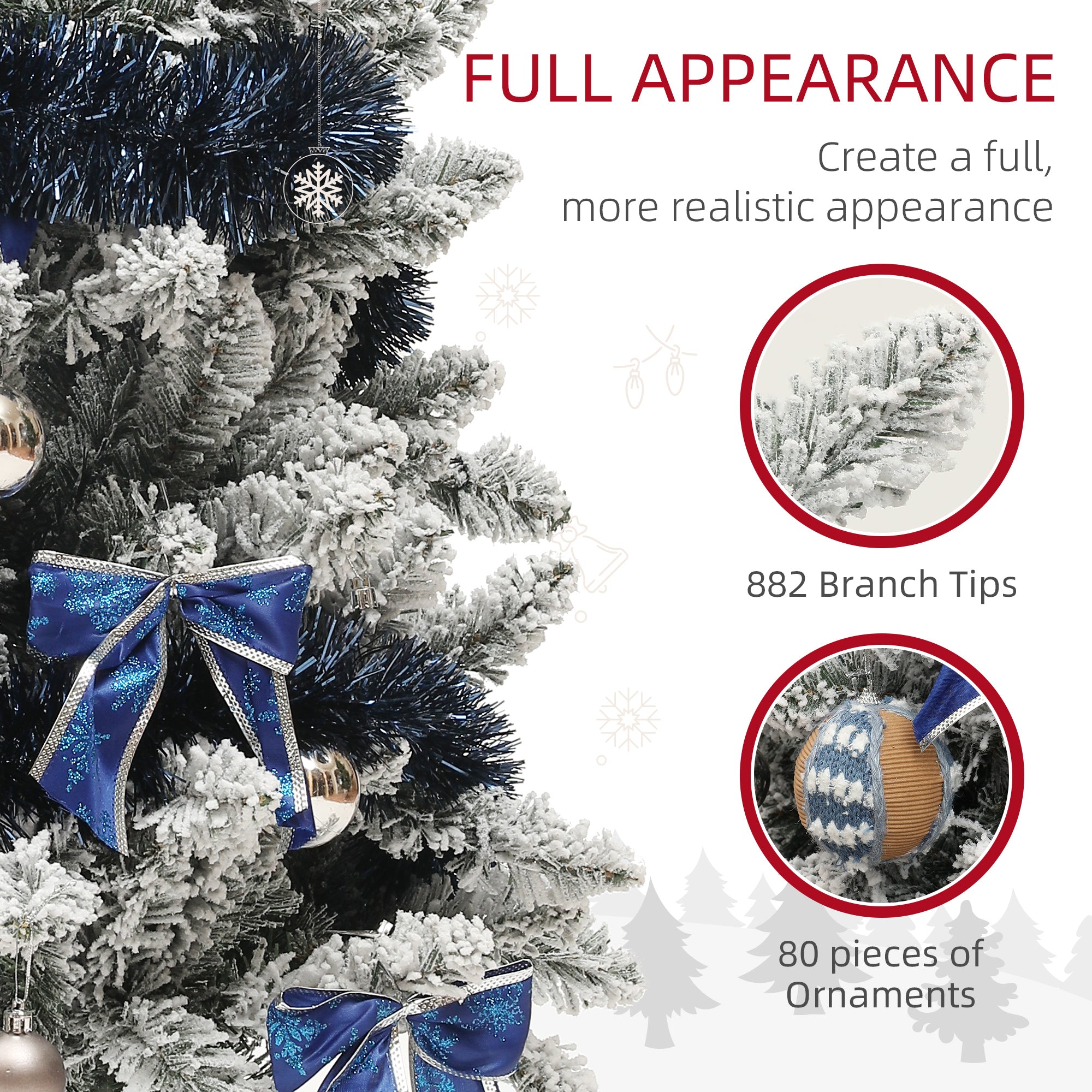 HOMCOM 6ft Prelit Artificial Christmas Tree with Blue Ornaments, Flocked Christmas Tree with LED Lights for Home Office 