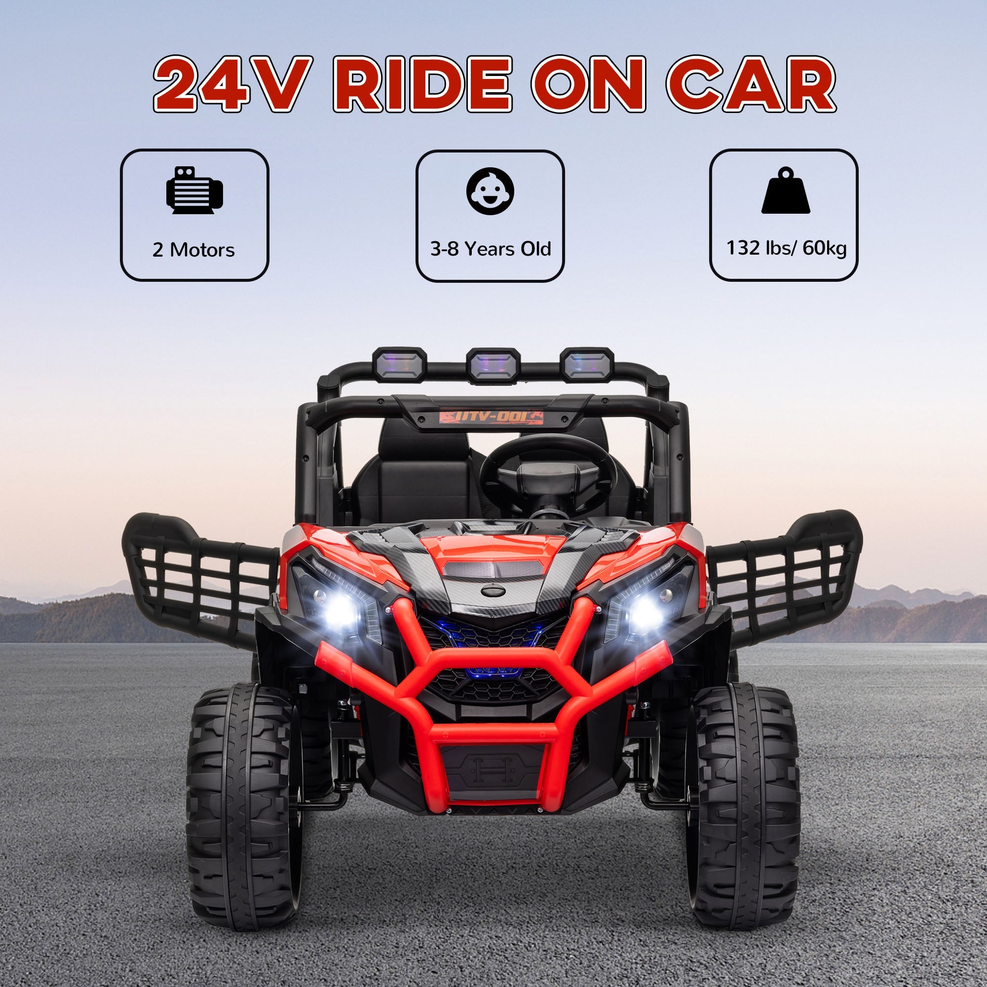 Qaba 2 Seater 24V Electric Car for Kids w/ Remote Control, 3 Speed, LED Lights, Music, Horn, Spring Suspension, Red 