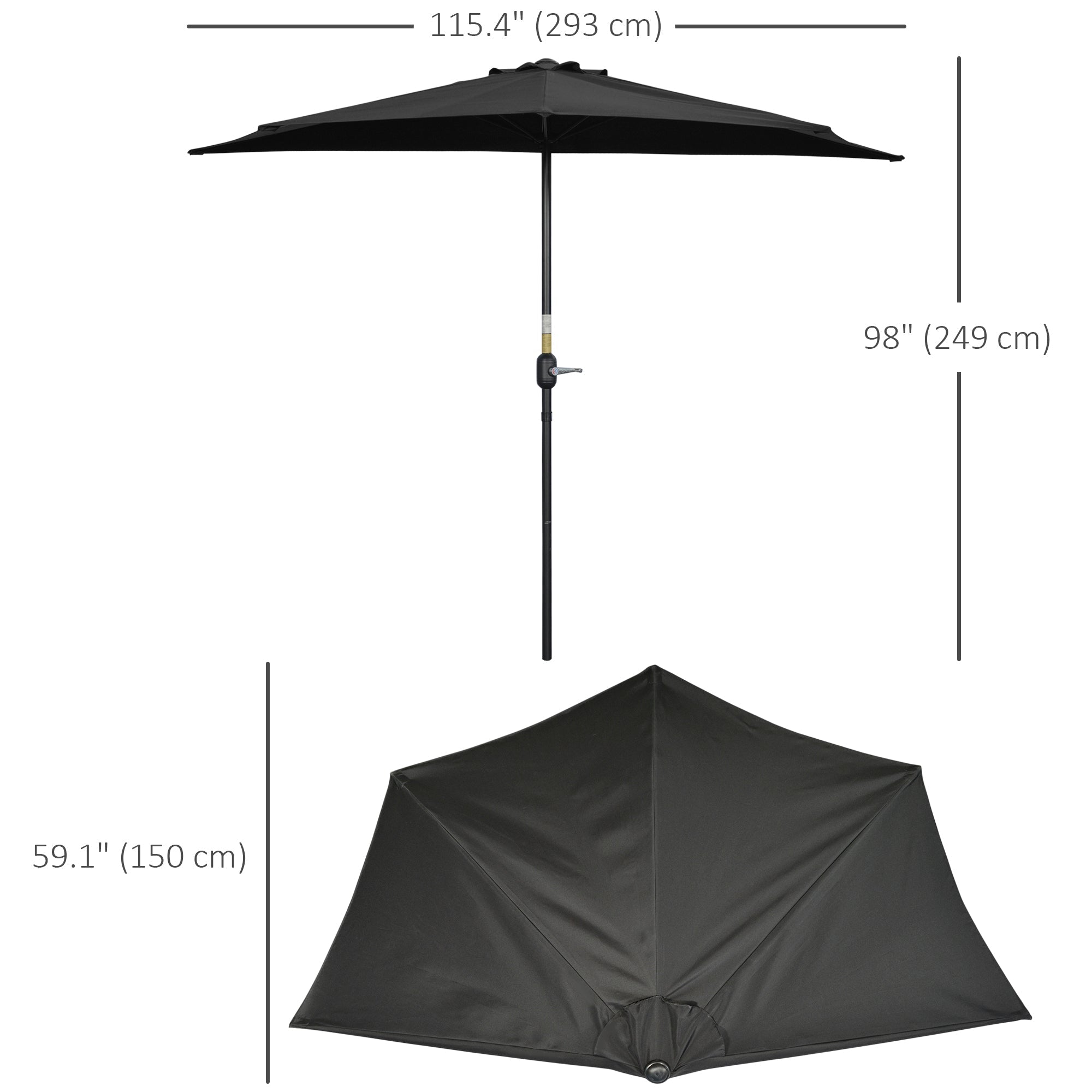 Outsunny 9.8ft Space Saver Parasol: Half Umbrella Semi Round Patio Canopy, Crank Handle Top Vent for Small Spaces, Sleek Black 