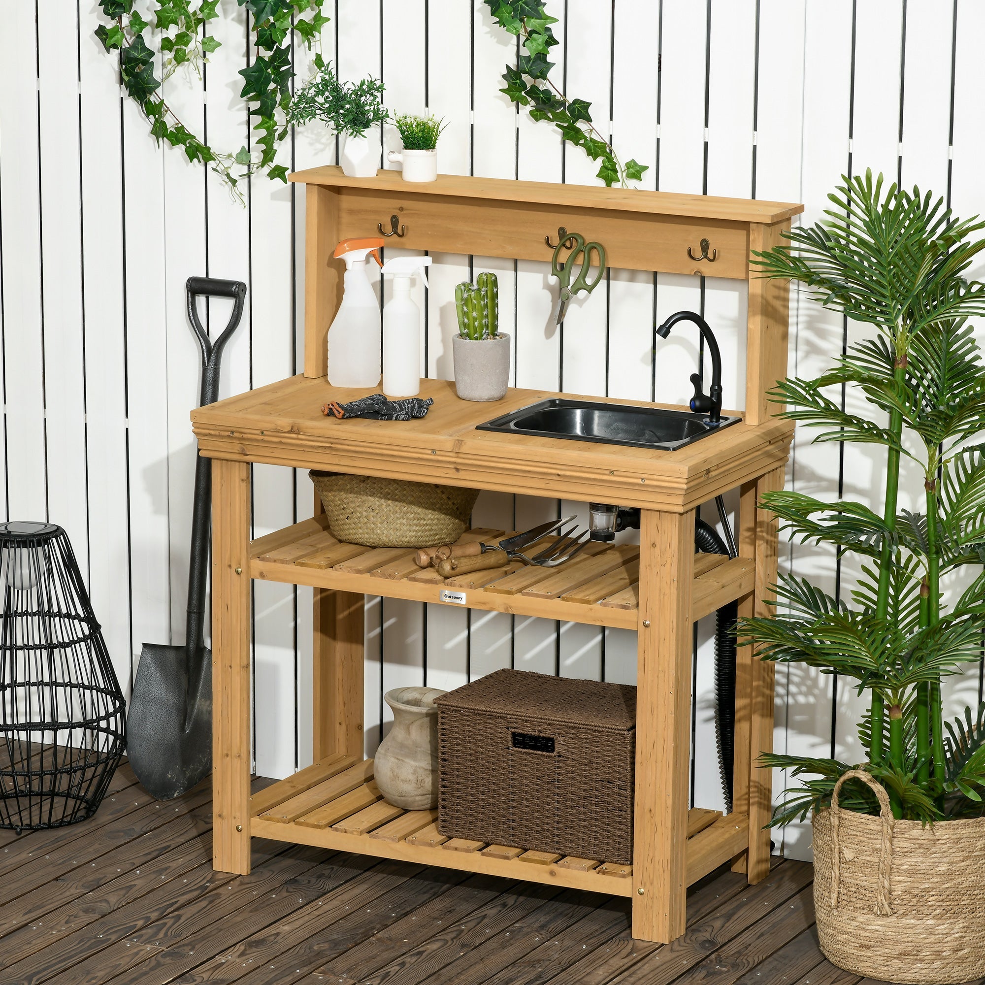 Outsunny Outdoor Potting Bench Table with Faucet, Removable Sink, Hooks and Storage Shelves, Wood Work Bench Workstation 