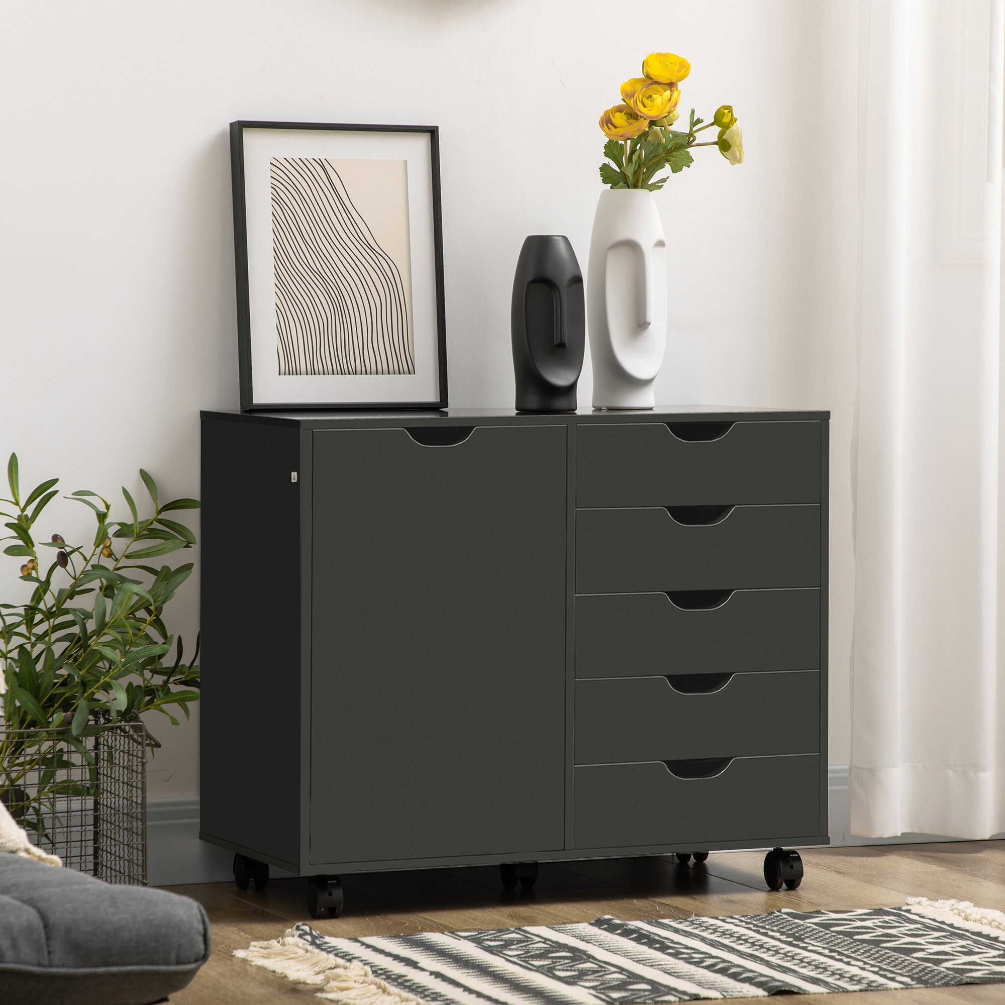 HOMCOM Modern Mobile 5-Drawer Chest with Door, Storage Cabinet, Dresser on Wheels, Printer Stand for Home Office, Black 