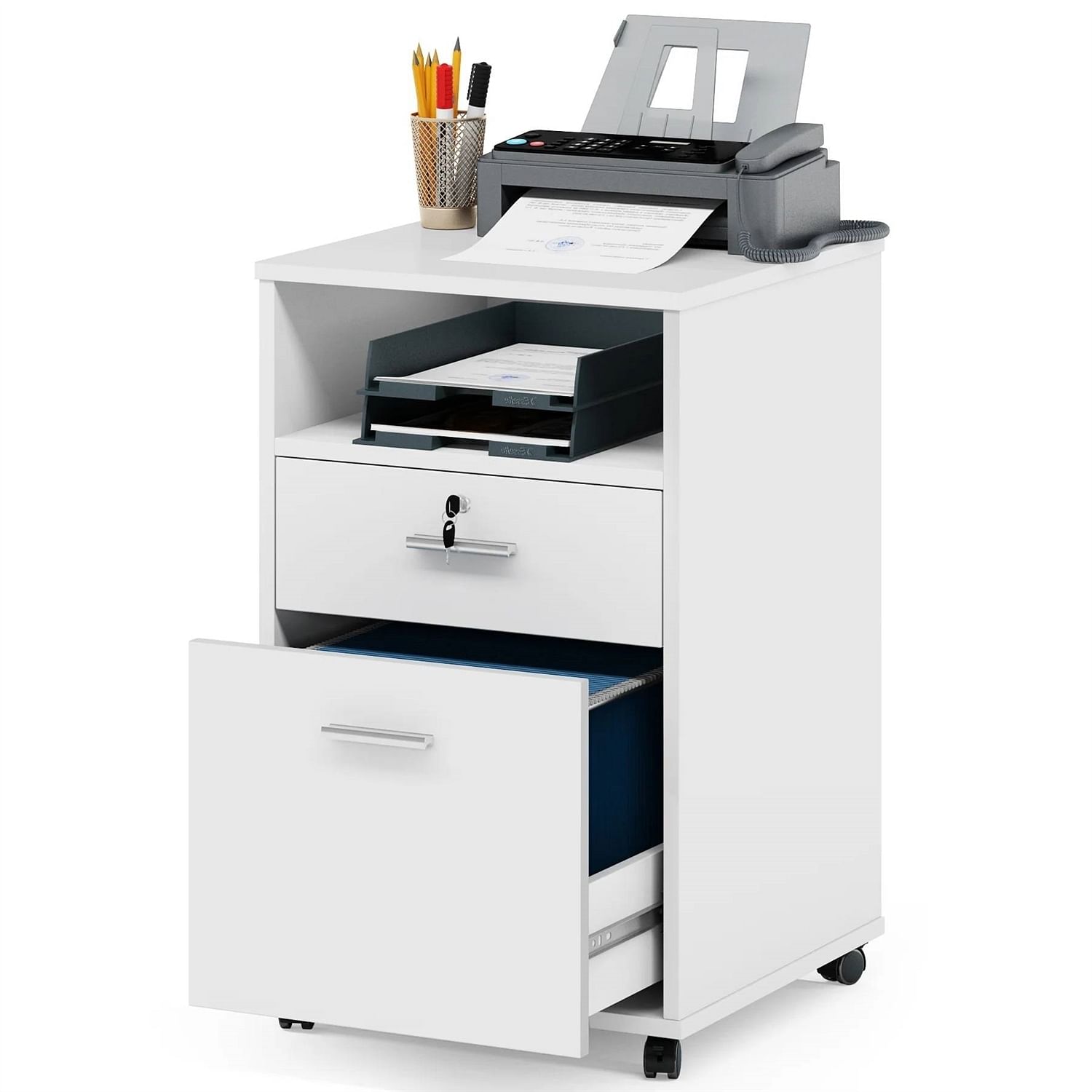 White Rolling 2-Drawer Mobile File Cabinet Printer Stand Office Cart on Wheels - Free Shipping