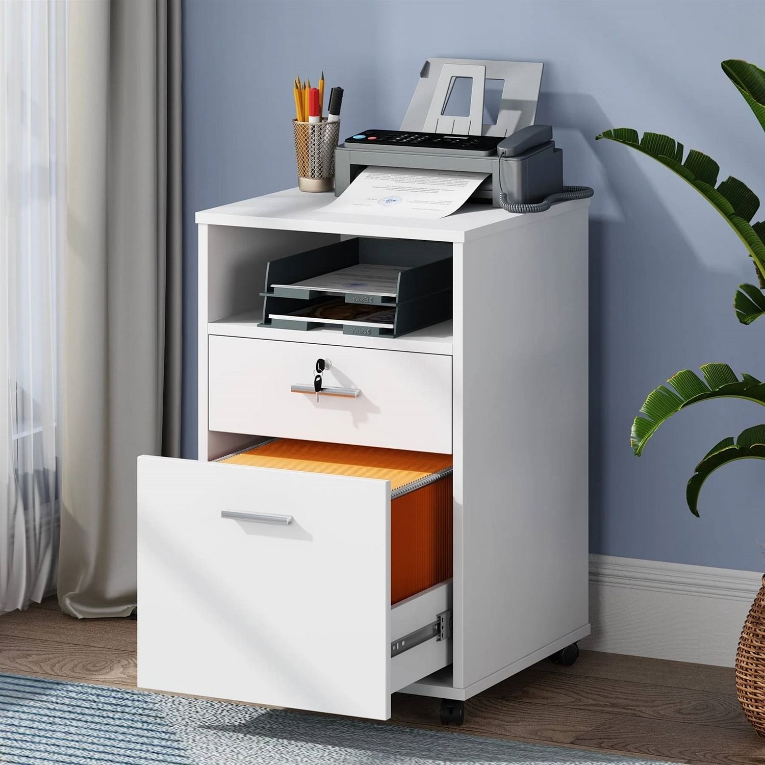 White Rolling 2-Drawer Mobile File Cabinet Printer Stand Office Cart on Wheels - Free Shipping