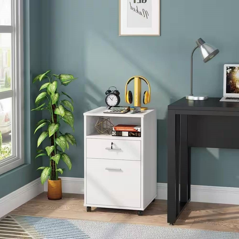 White Rolling 2-Drawer Mobile File Cabinet Printer Stand Office Cart on Wheels - Free Shipping