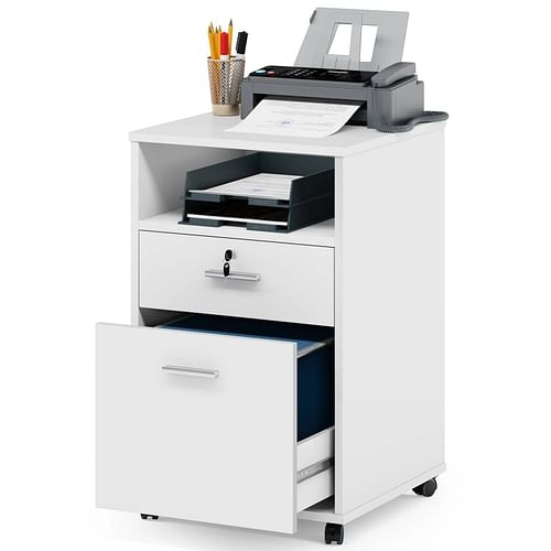 White Rolling 2-Drawer Mobile File Cabinet Printer Stand Office Cart on Wheels - Free Shipping 