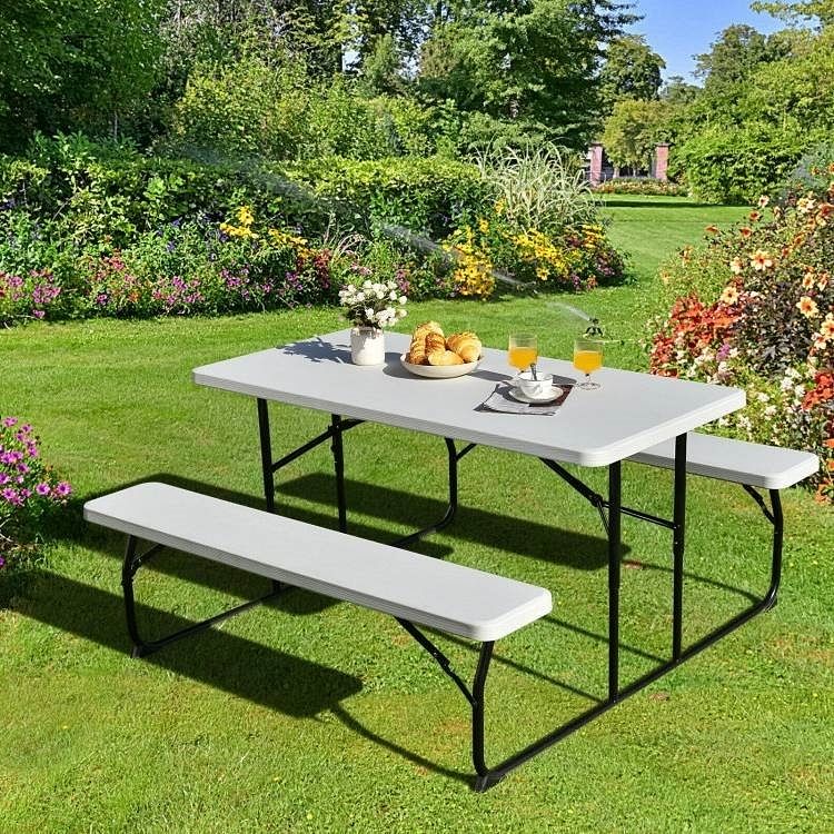 Folding White HDPE Picnic Table with 2 Benches Outdoor Patio Furniture Set - Free Shipping