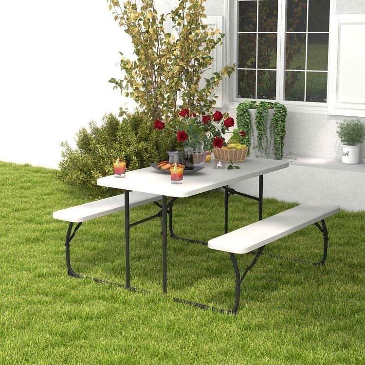 Folding White HDPE Picnic Table with 2 Benches Outdoor Patio Furniture Set - Free Shipping