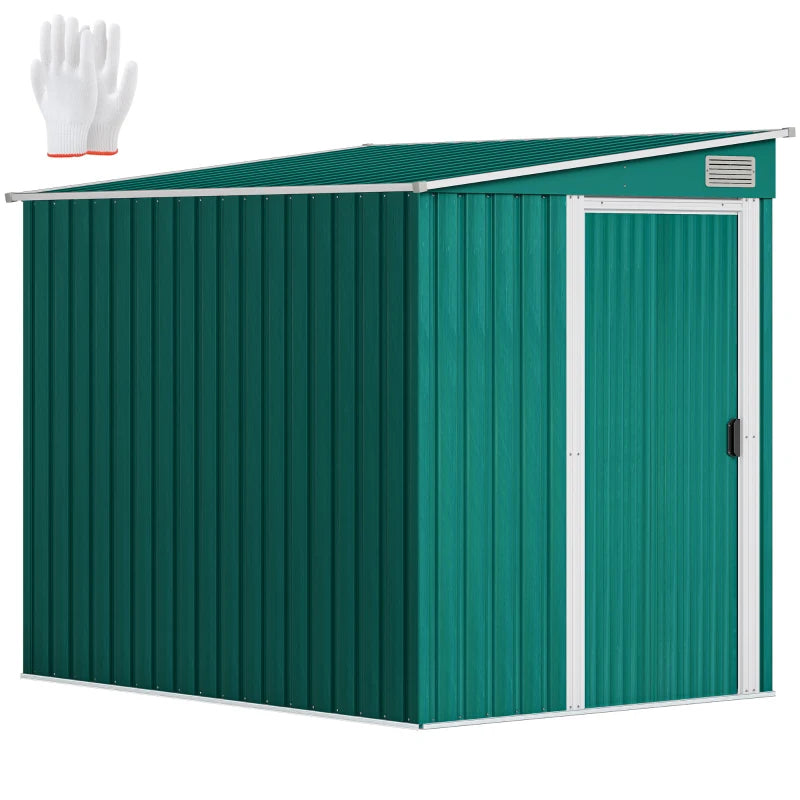 5'x7' Lean to Galvanized Metal Shed with Foundation, Garden Tool Storage House with Sliding Door and 2 Vents, Green