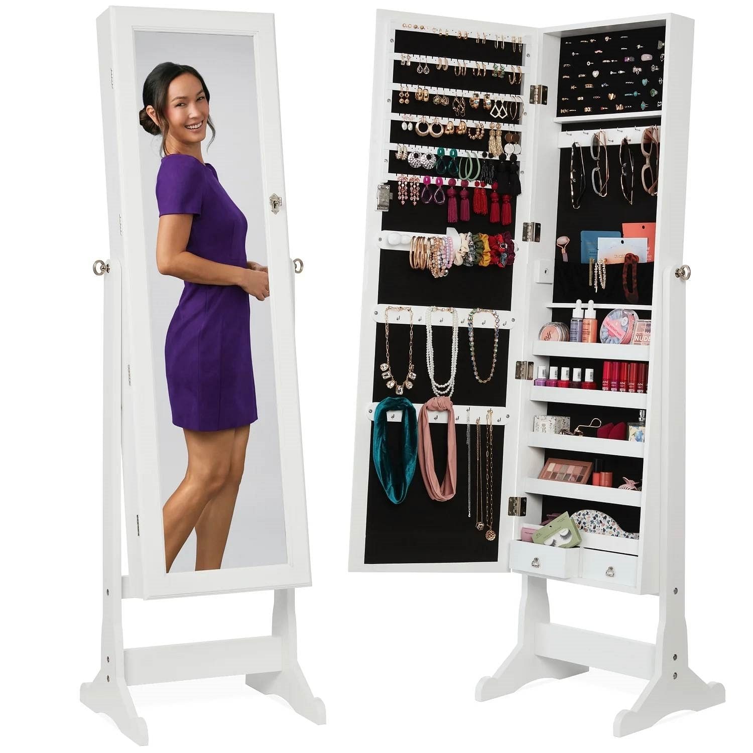 2-in-1 White Freestanding Mirror / Jewelry Organizer Armoire Cabinet - Free Shipping