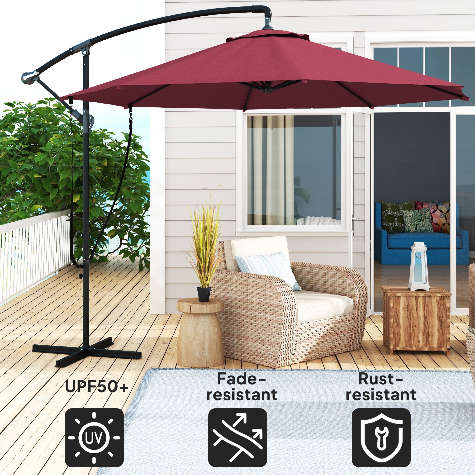 Outsunny 9.5' Cantilever Umbrella with Wind Protection Strap and Cover, Hanging Umbrella with Crank and Cross Base, UPF 50+, Red 