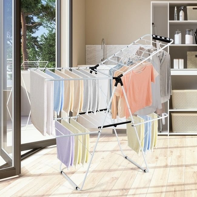 White 2 Level Foldable Clothes Drying Rack Adjustable Height - Free Shipping