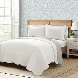 King/Cal King White Grey Scalloped Edge Reversible Thin Light Quilt Set - Free Shipping