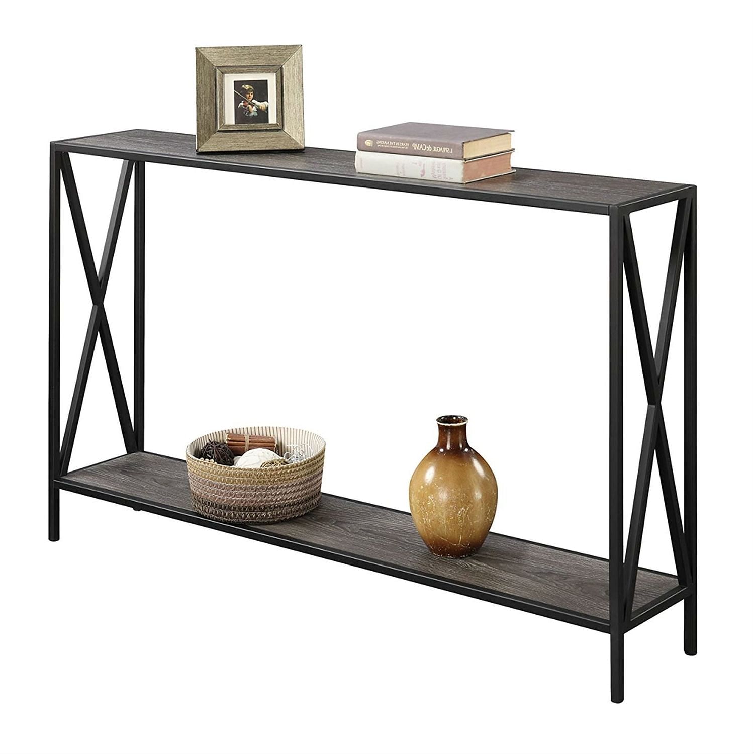 Weathered Grey Wood Console Sofa Table with Bottom Shelf and Metal Frame - Free Shipping 