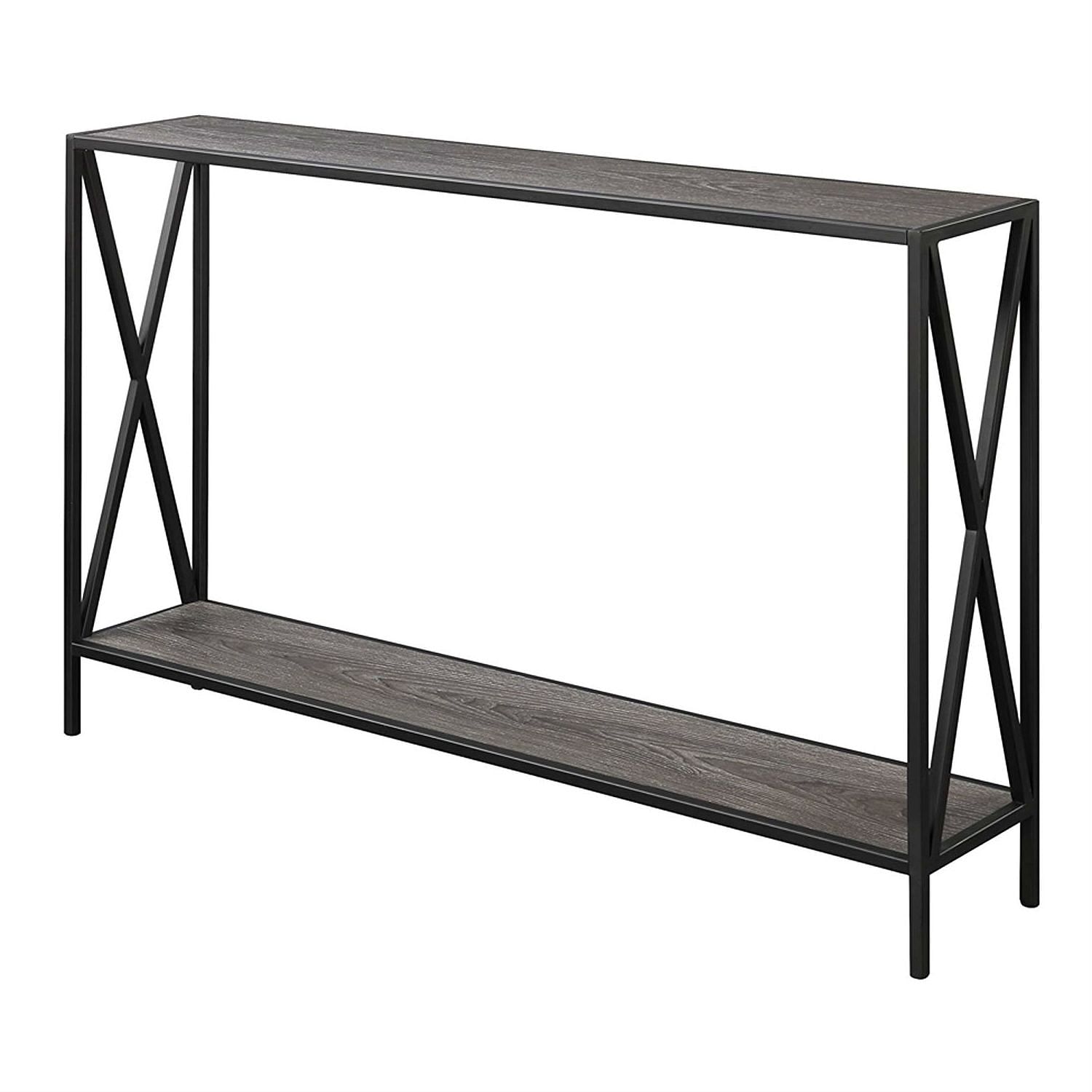 Weathered Grey Wood Console Sofa Table with Bottom Shelf and Metal Frame - Free Shipping