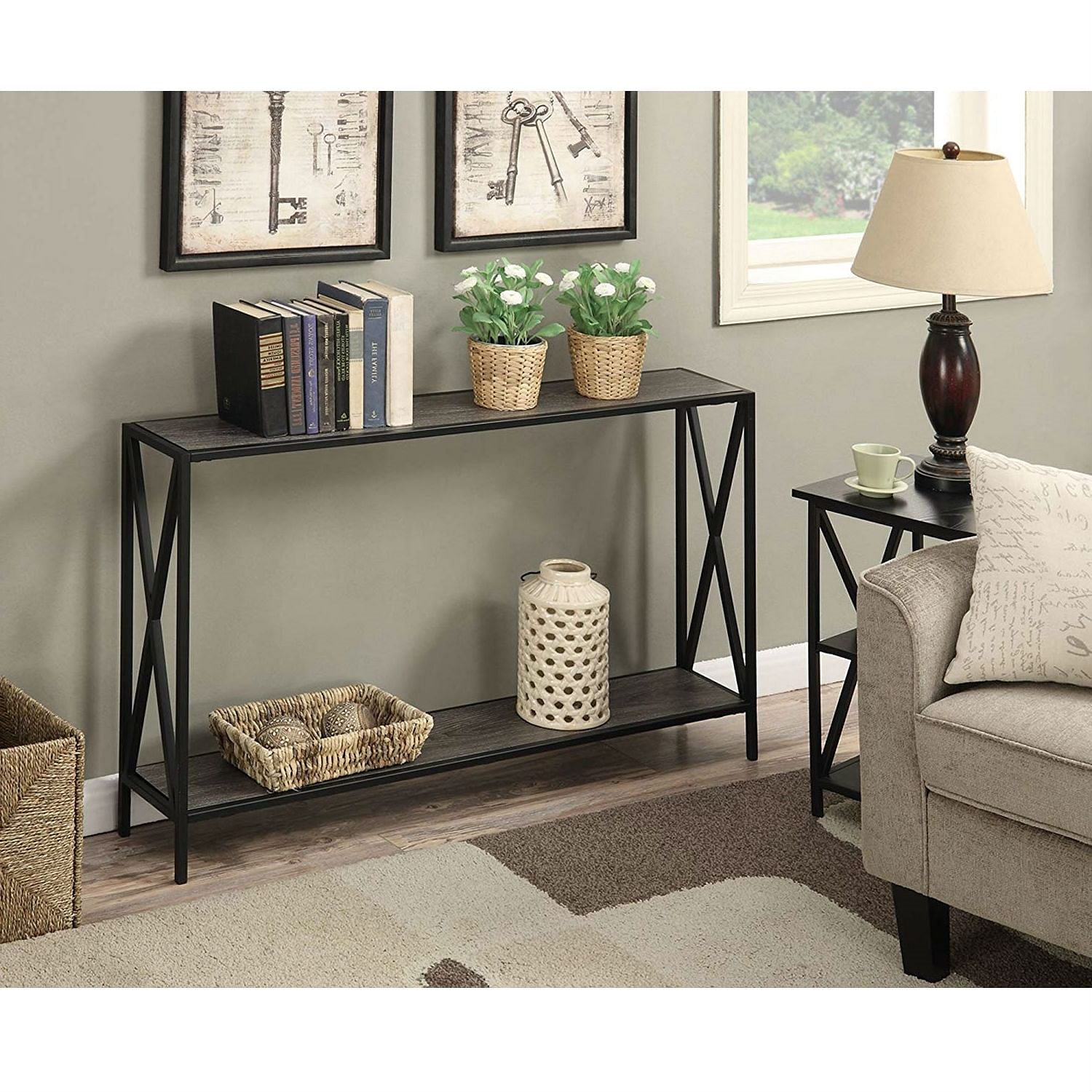 Weathered Grey Wood Console Sofa Table with Bottom Shelf and Metal Frame - Free Shipping