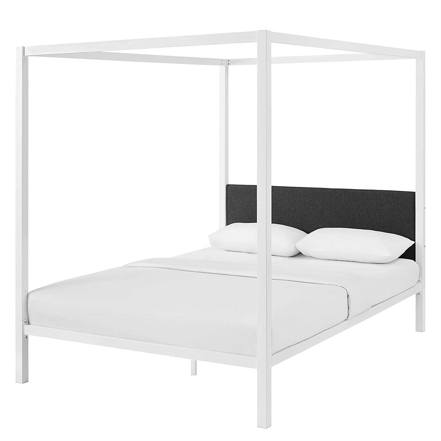 Queen size White Metal Canopy Bed Frame with Grey Fabric Upholstered Headboard - Free Shipping