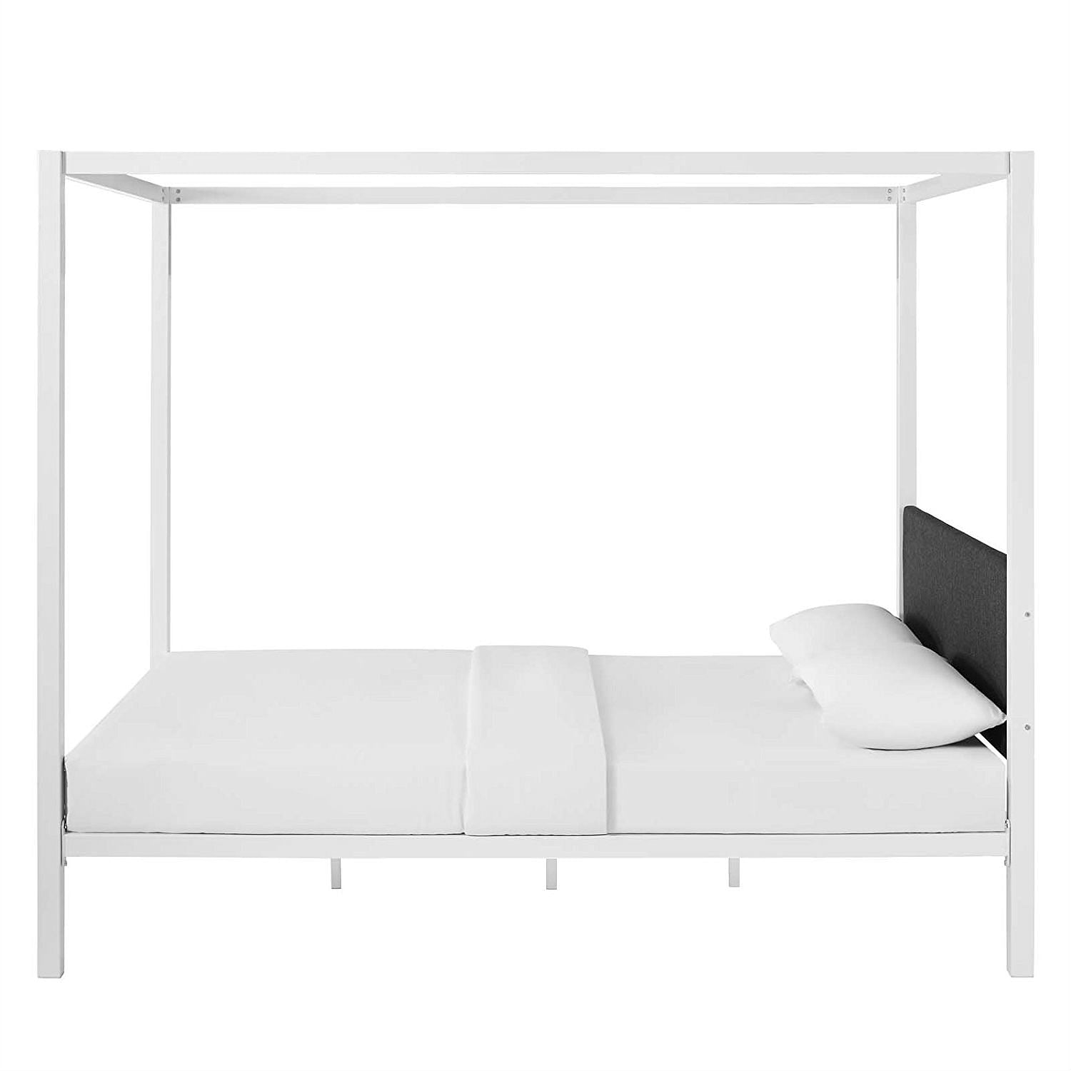 Queen size White Metal Canopy Bed Frame with Grey Fabric Upholstered Headboard - Free Shipping