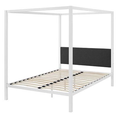 Queen size White Metal Canopy Bed Frame with Grey Fabric Upholstered Headboard - Free Shipping 