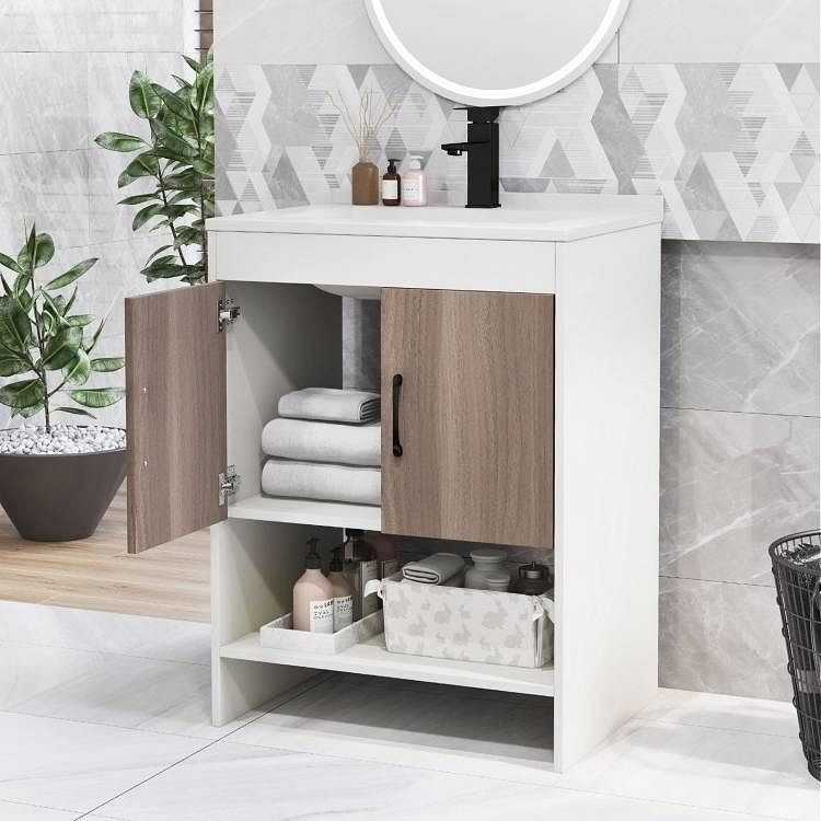 Modern White and Grey Wood Finish Bathroom Vanity with Sink and Faucet - Free Shipping