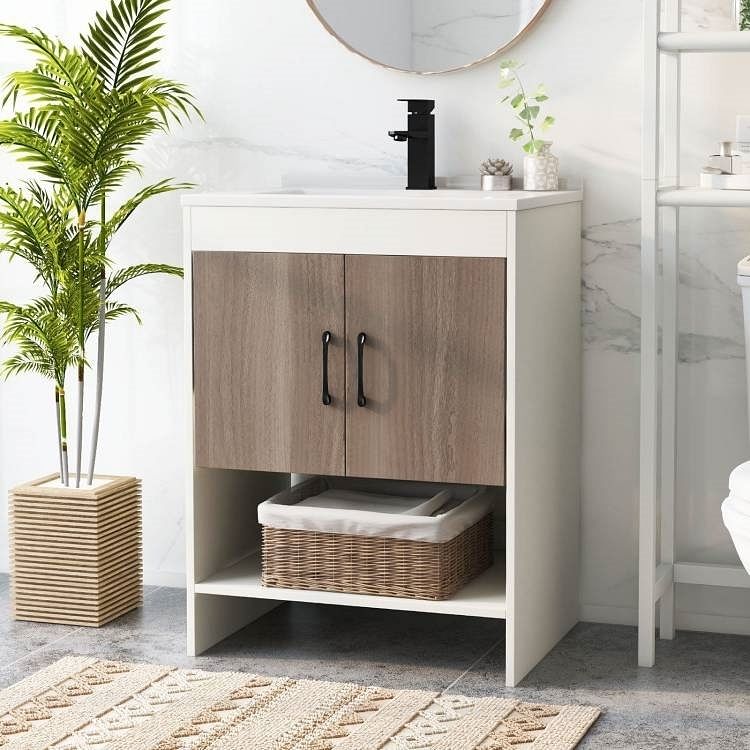 Modern White and Grey Wood Finish Bathroom Vanity with Sink and Faucet - Free Shipping