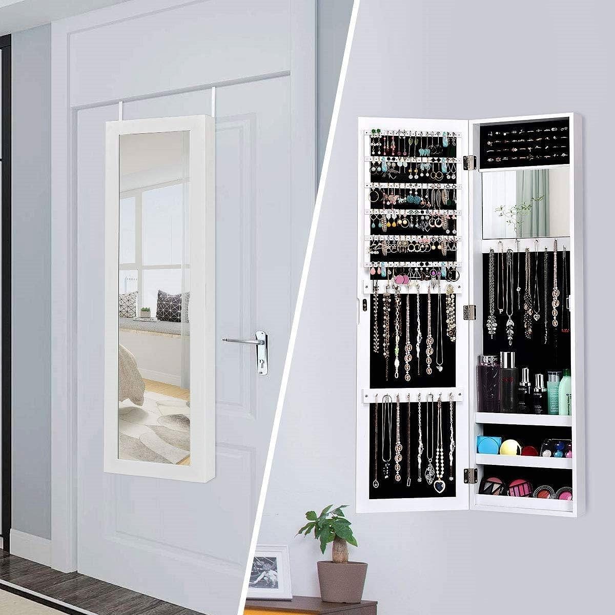 2-in-1 Wall or Door Mounted Jewelry Organizer Full Length Mirror in White - Free Shipping