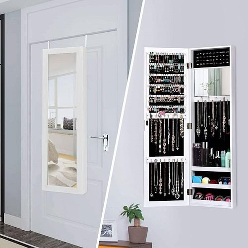 2-in-1 Wall or Door Mounted Jewelry Organizer Full Length Mirror in White - Free Shipping