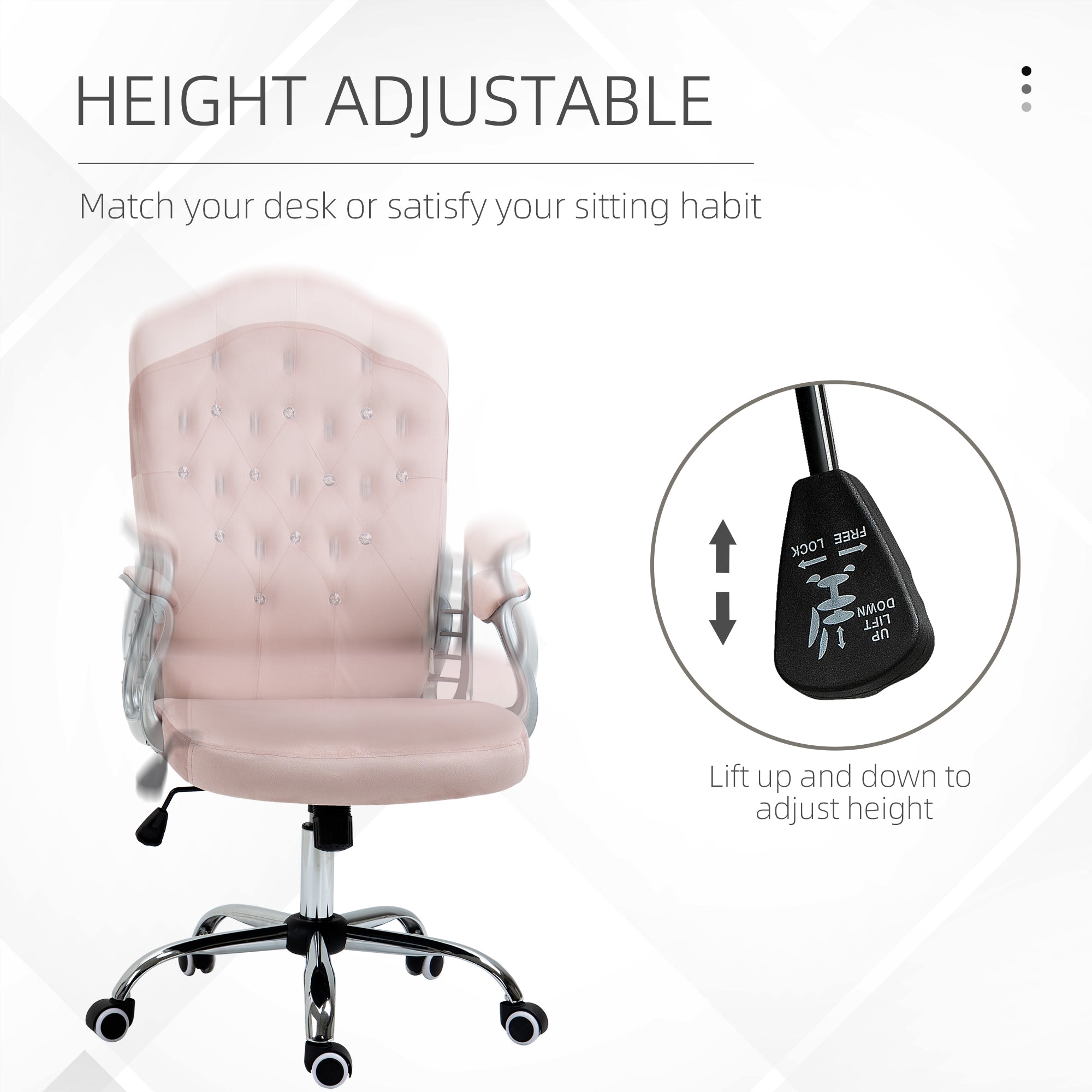 Vinsetto Chic Velvet Home Office Chair: Pink Button Tufted, Swivel Desk Chair, Adjustable Height, Tilt Function 