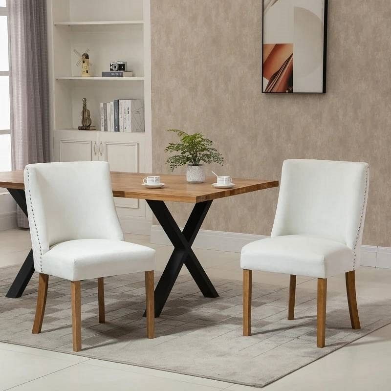 Set of 2 Modern Nailhead Diamond Stitch Upholstered Dining Chairs Beige White - Free Shipping