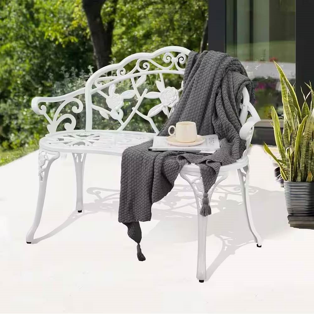 Outdoor Patio 39-inch Garden Bench with Backrest in White Metal Finish - Free Shipping