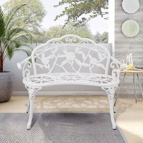 Outdoor Patio 39-inch Garden Bench with Backrest in White Metal Finish - Free Shipping