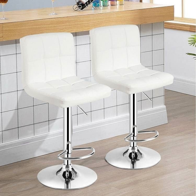 Set of 2 Modern Adjustable Height Bar Stool with White PU Leather Swivel Seat - Free Shipping 
