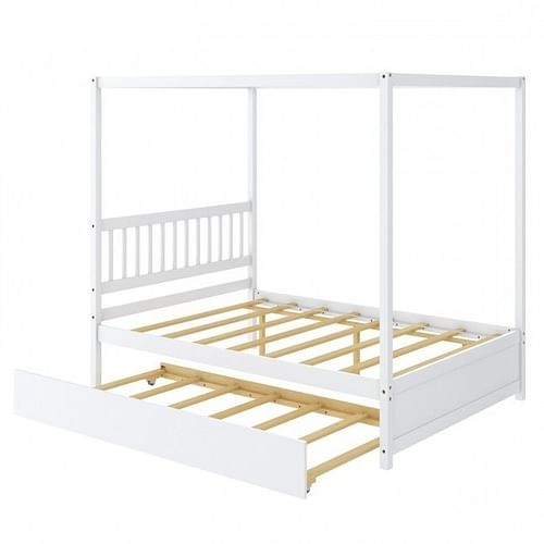 White Full Size Canopy Platform Bed with Twin Roller Trundle Bed - Free Shipping