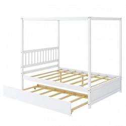 White Full Size Canopy Platform Bed with Twin Roller Trundle Bed - Free Shipping