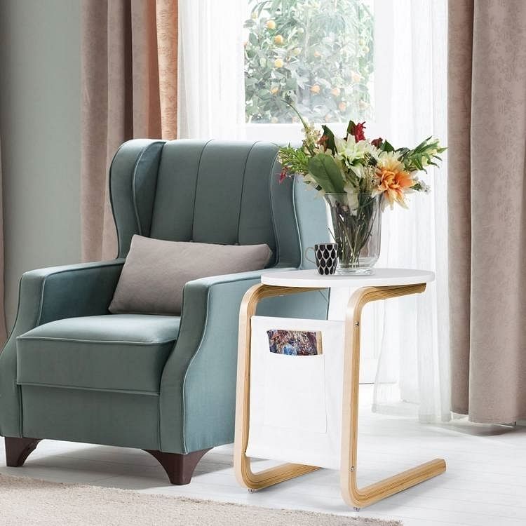 Birch Wood White Side Table TV Tray with Storage Bag - Free Shipping 