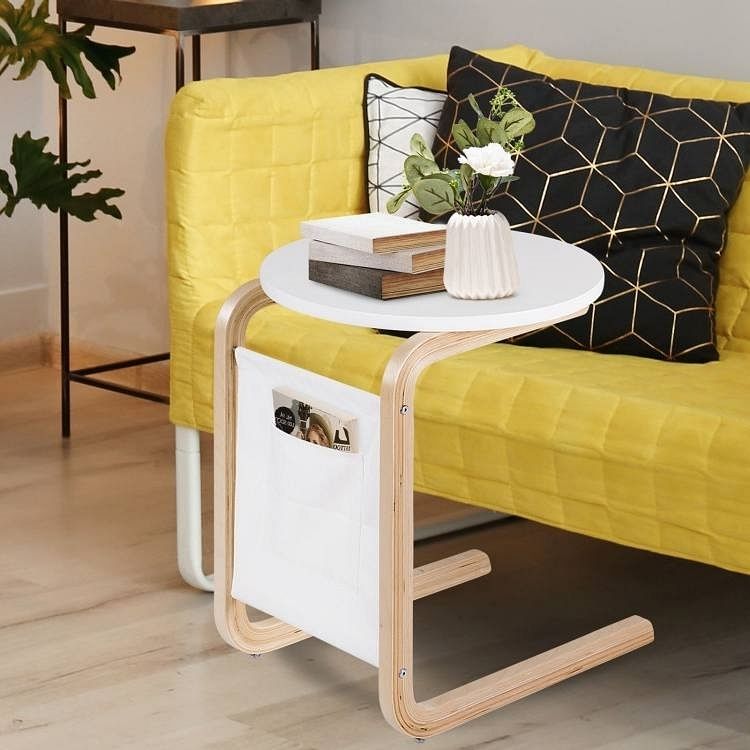 Birch Wood White Side Table TV Tray with Storage Bag - Free Shipping 