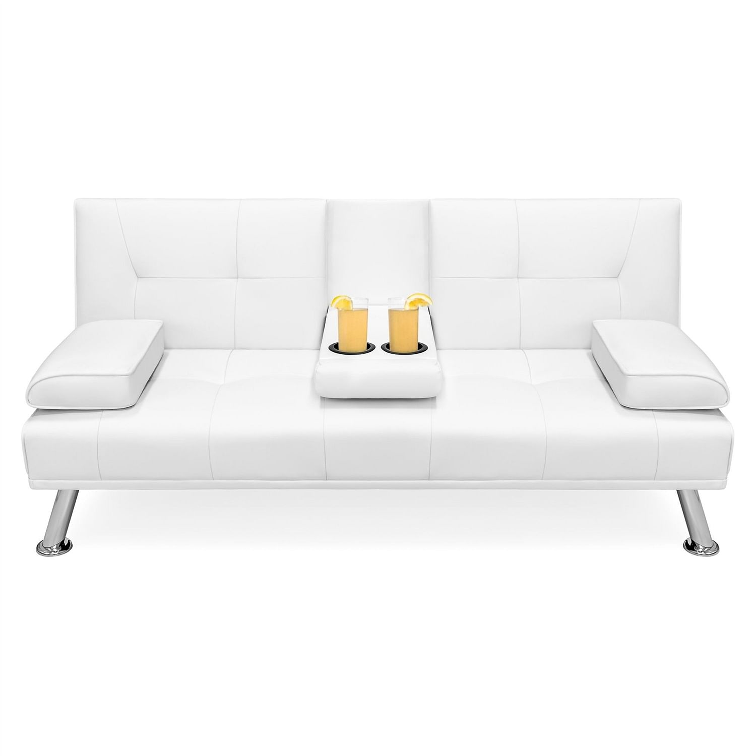 White Faux Leather Convertible Sofa Futon with 2 Cup Holders - Free Shipping