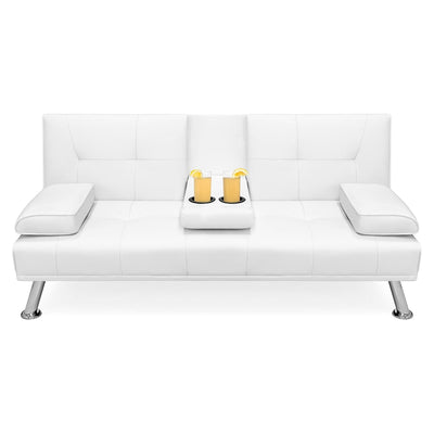 White Faux Leather Convertible Sofa Futon with 2 Cup Holders - Free Shipping 