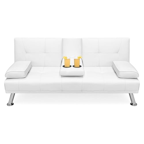 White Faux Leather Convertible Sofa Futon with 2 Cup Holders - Free Shipping