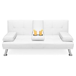 White Faux Leather Convertible Sofa Futon with 2 Cup Holders - Free Shipping 