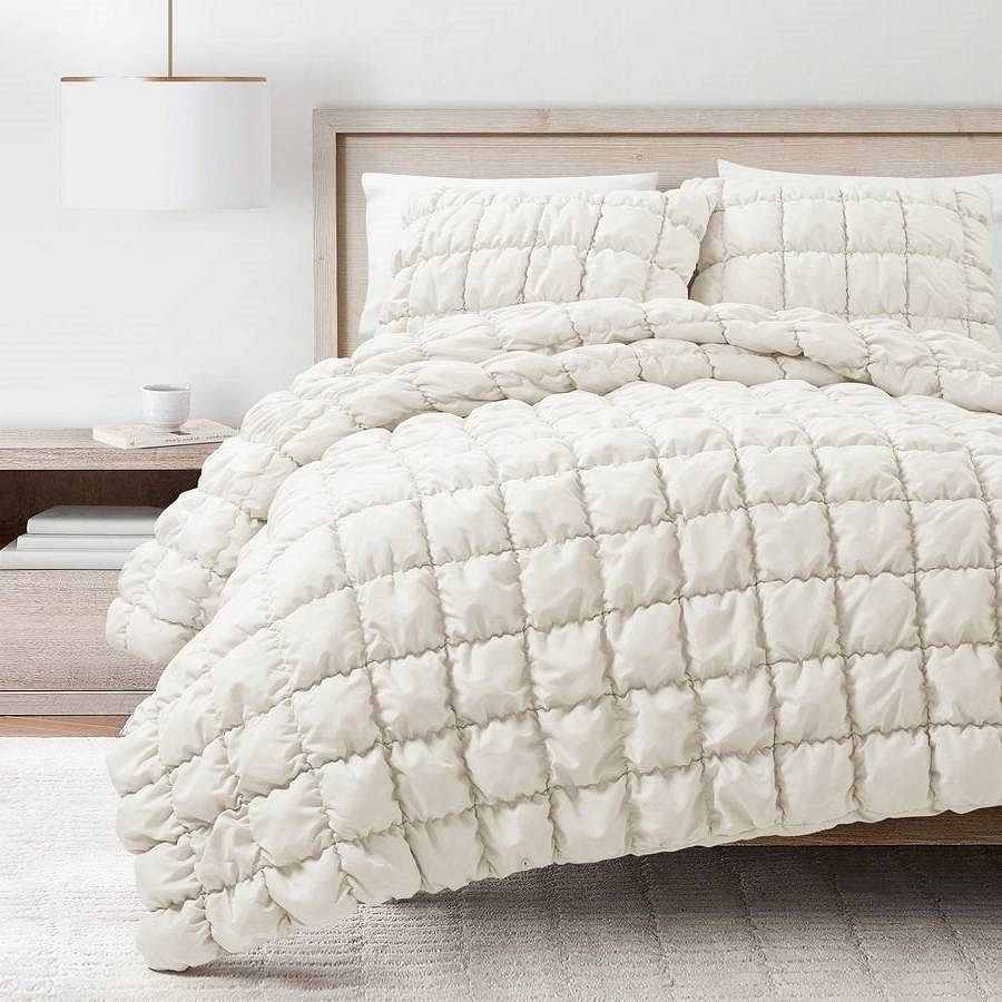 Full/Queen Soft Lightweight Puff Textured 3-Piece Comforter Set in Off White - Free Shipping