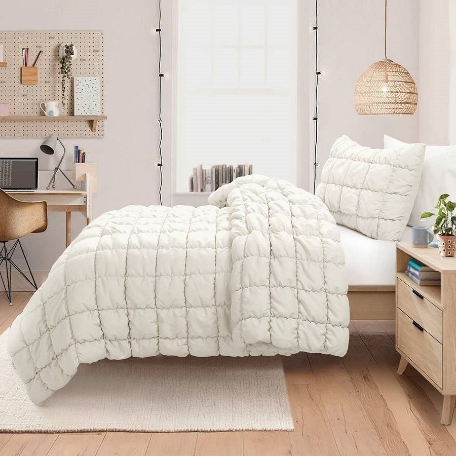 Full/Queen Soft Lightweight Puff Textured 3-Piece Comforter Set in Off White - Free Shipping