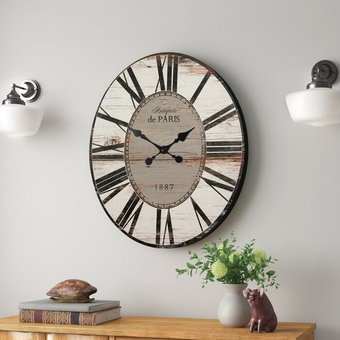 White Washed Oversized Paris Wood Wall Clock – Distressed Finish