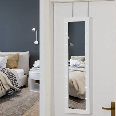 White Door/Wall Mounted Jewelry Armoire Cabinet with Mirror and LED Lights - Free Shipping 