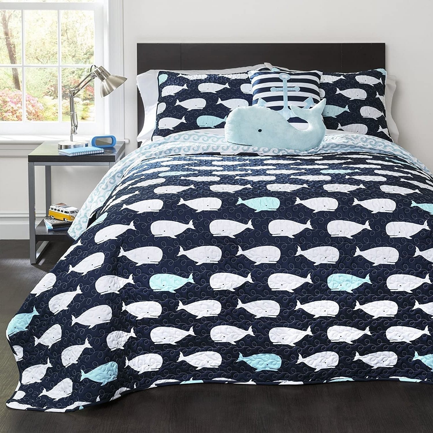 Full/Queen 5 Piece Bed In A Bag Navy Teal Microfiber Waves Whales Quilt Set - Free Shipping