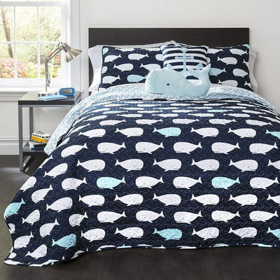 Full/Queen 5 Piece Bed In A Bag Navy Teal Microfiber Waves Whales Quilt Set - Free Shipping 