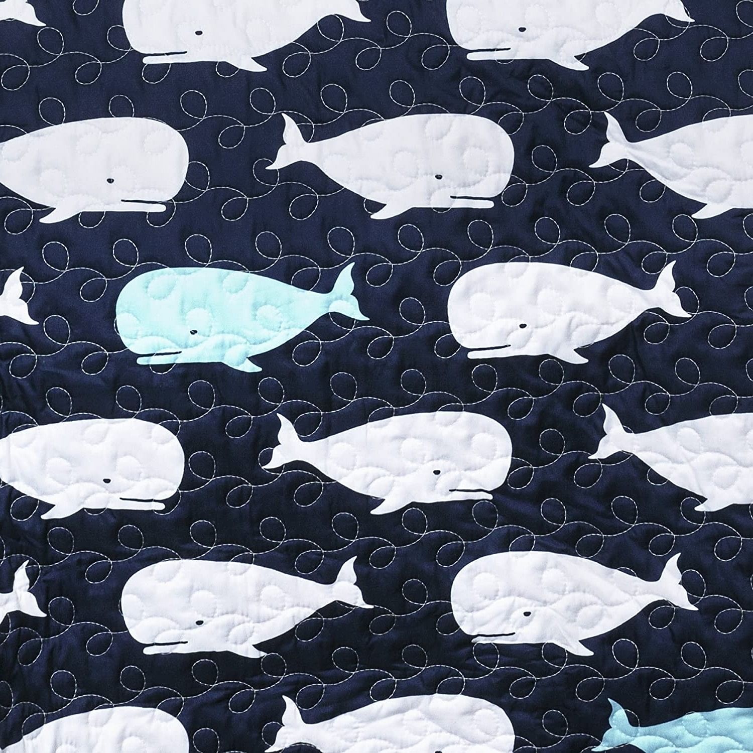 Full/Queen 5 Piece Bed In A Bag Navy Teal Microfiber Waves Whales Quilt Set - Free Shipping