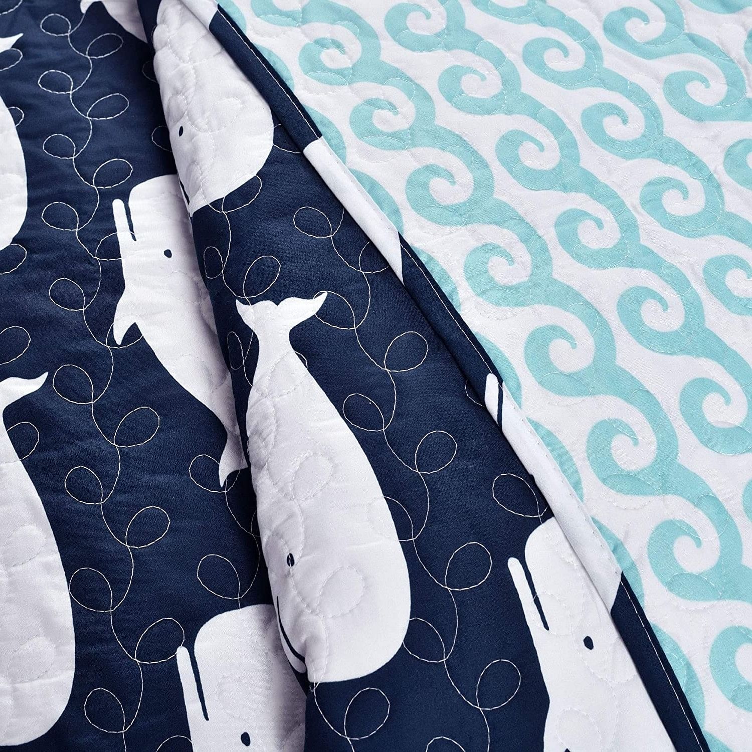 Full/Queen 5 Piece Bed In A Bag Navy Teal Microfiber Waves Whales Quilt Set - Free Shipping