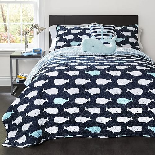 Full/Queen 5 Piece Bed In A Bag Navy Teal Microfiber Waves Whales Quilt Set - Free Shipping