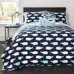 Full/Queen 5 Piece Bed In A Bag Navy Teal Microfiber Waves Whales Quilt Set - Free Shipping