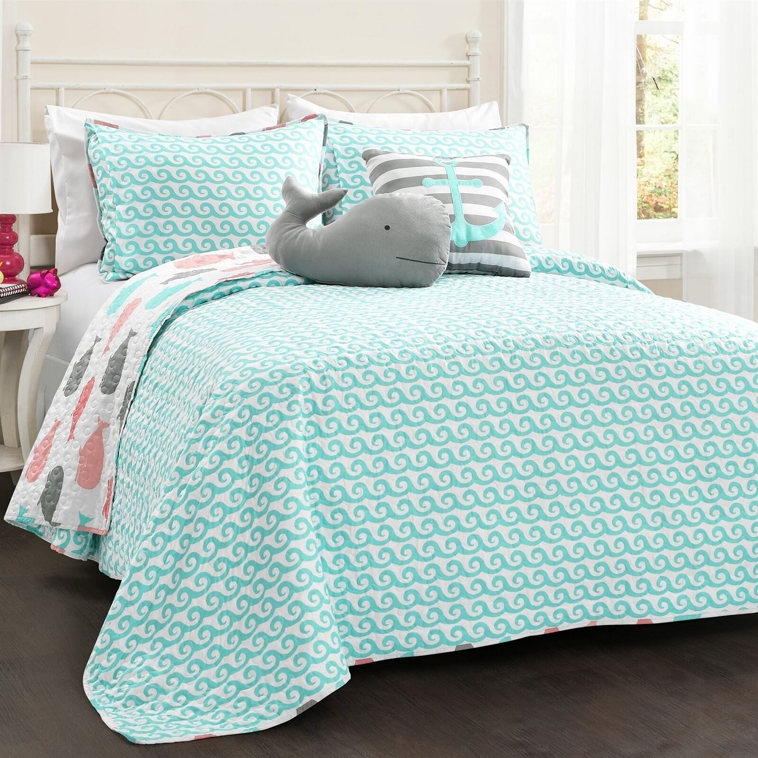 Full/Queen 5 Piece Microfiber Quilt Set in Teal Pink Aqua Waves Whale Pattern - Free Shipping 
